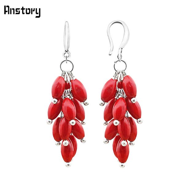 

cluster natural red coral bead hook earrings for women personality design fashion jewelry antique silver plated te251