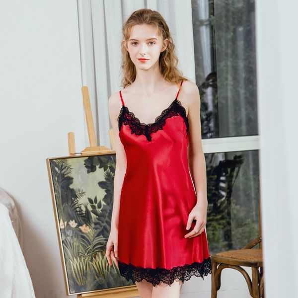 

lace strap robe womens silky sleep pajamas dark red v-neck sleepwear bathrobe home wear bath gown nightgown sleepshirts, Black;red