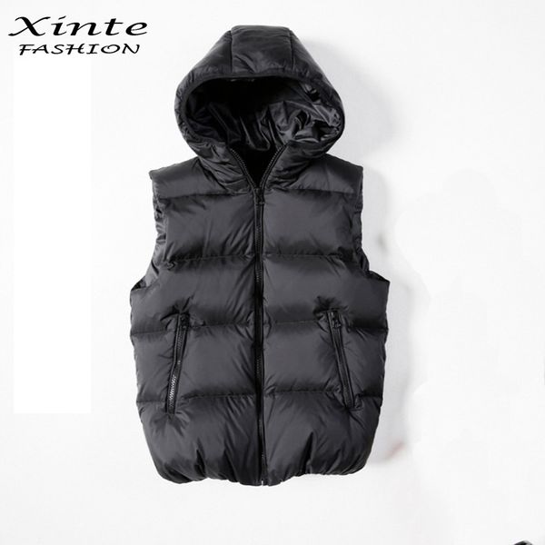 

xinte fashion 2016 winter down vest with hood coats black warm casual jacket 95% white duck down clothing, Black;white