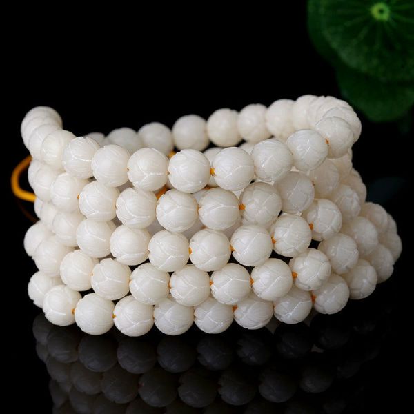 

tibetan buddhism 108 white bodhi root carving lotus mala necklace, Silver