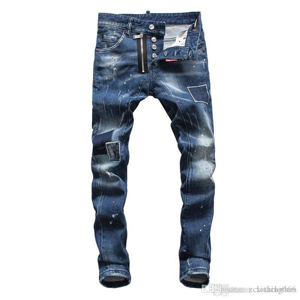 

2020 моды для мужчин джинсов роскоши дизайнер случайных джинсы тонких случайных брюк дырки шить мужские узкие джинсы боятся бог, Blue