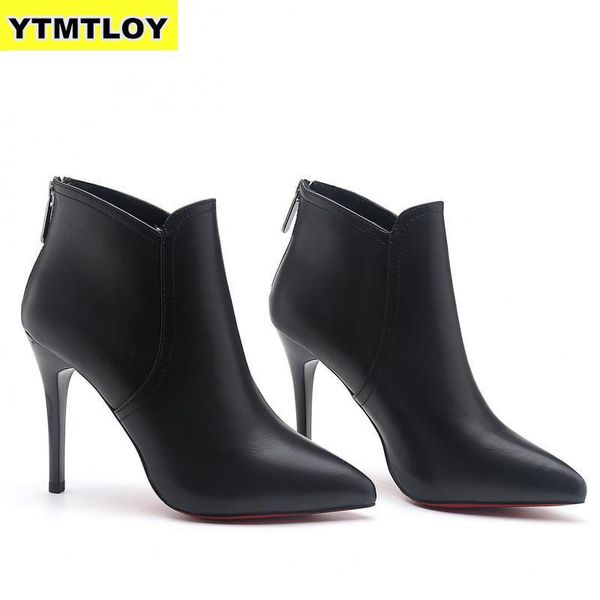 

2019 new women boots ankle pu leather zipper booties high heels autumn shoes black winter boots zapatos de mujer pointed toe