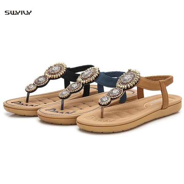 

summer sandles for women bohemia sewing crystal sandals flats gladiator plus size women casual beach shoes t-strap flip flops, Black