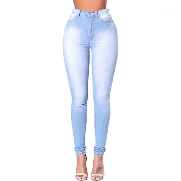 

designer high waist ladies pants casual slim female apparel with pocket women light blue fashion jeans spring