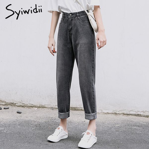 

gray high waist jeans woman plus size denim pants vintage washed panelled streetwear blue black mom jeans boyfriend harem pants