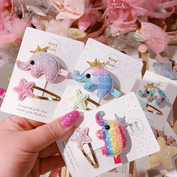 

2pcs/set girls cute cartoon glitter elephant hairpins children lovely hair clips barrettes headband kids hair accessories, Slivery;white