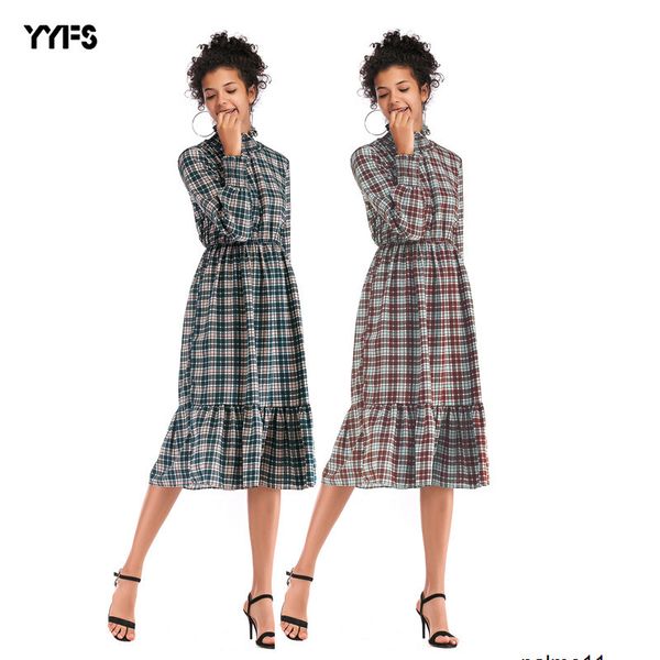 

женское дизайнерское шифоновое платье с высоким воротником клетчатая юбка c10o, Black;gray