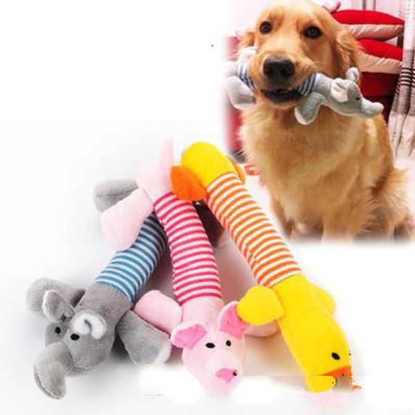 26 cm süßes Hundespielzeug, vierbeiniges langes Elefanten-Plüschtier, gestreiftes rosa Schwein und Ente klingendes Hundezahnspielzeug