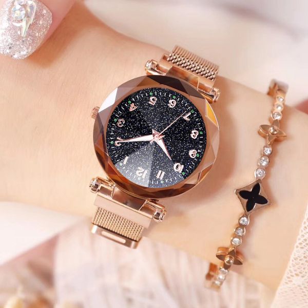 

watches women fashion luxury stainless steel magnetic buckle strap refractive surface luminous dial ladies quartz watch women, Slivery;brown