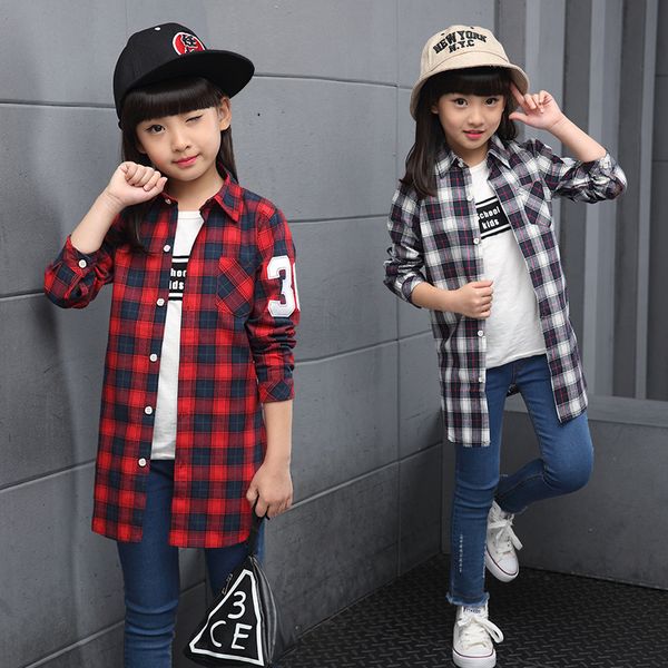 

new girls plaid blouse 2018 spring big girls shirts fashion children number 36 print long section blouses teenage clothing, White;black