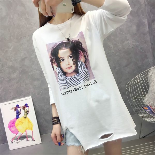 

2020 curly hair printing hole loose t- female round collar irregular cotton base 2020 curly hair printing hole loose t-shirt female round co, White