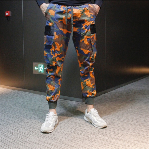 

selling men's designer overalls european camo casual sports pants jogging stretch pants, Black