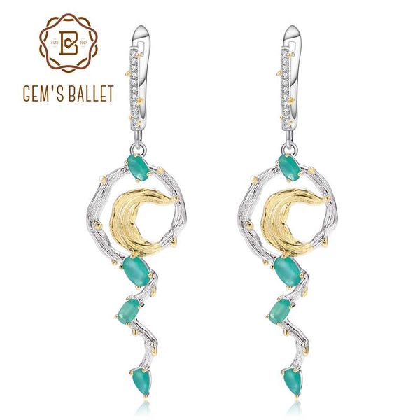 

gem's ballet natural green agate earrings 925 sterling silver handmade statement vintage drop earrings for women fine jewelry, Golden;silver