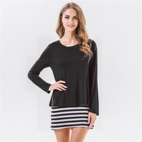 

plus size womens t shirts long sleeve clothing cotton loose casual o-neck striated shirts female fashion false two pieces clothes, White