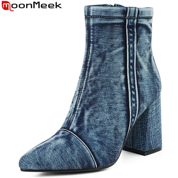 

moonmeek 2020 new ankle boots for women pointed toe zip high heels prom boots denim classic autumn winter women s, Black