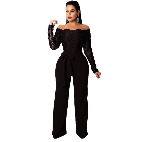 

Women Jumpsuit Appliques Lace Patchwork Sexy Off Shoulder Slash Neck Long Sleeve Women Elegant Slim Wide Leg Jumpsuit