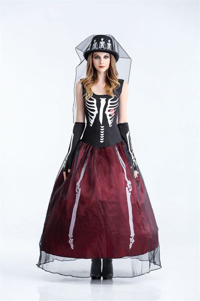 

the skeleton bride theme costume designer womens cosplay sleeveless dress halloween day funny dress party dress, Black;red