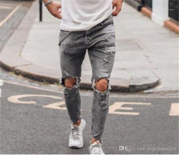 

selling ripped knees and grey legs popular pants small leg jeans males apparel mens designer jeans, Blue