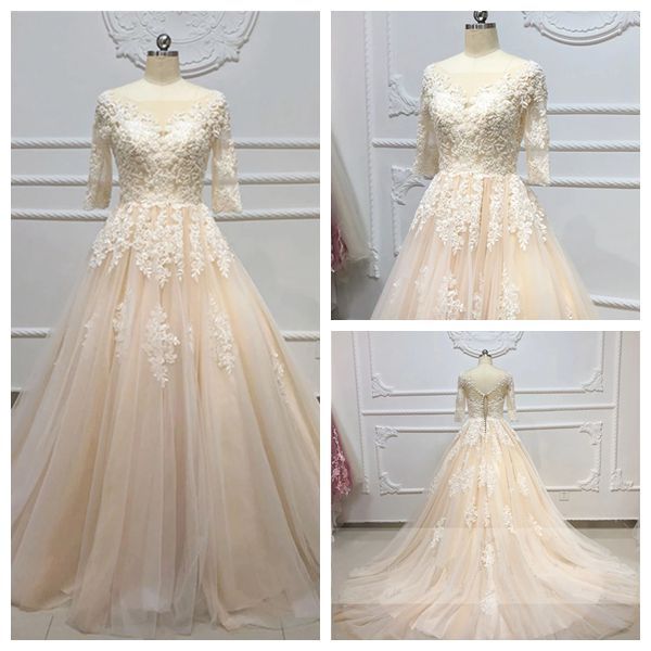

изысканный 3/4 рукава scoop light champagne свадебное платье кружева аппликации pearls бисероплетение бальное платье свадебные платья 2019 в, White