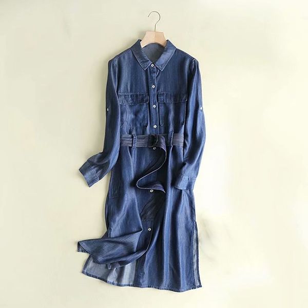 

autumn casual denim long coat women belt pocket long sleeve overcoat light blue denim trench, Tan;black