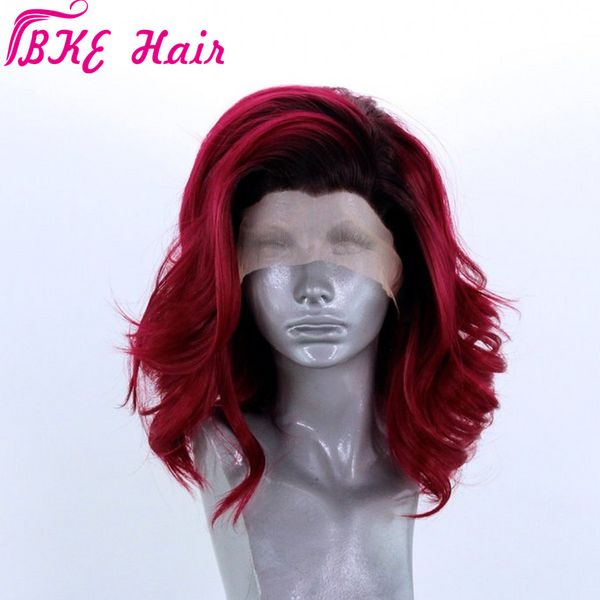 

short bob glueless 13*3 synthetic lace front wigs ombre red color for women 150 density brazilian wavy wigs pre plucked, Black