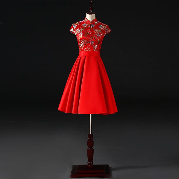 

chinese bridesmaid dress slim improved cheongsam embroidery illusion zipper chinese evening dress vestidos size s-xxl, Red