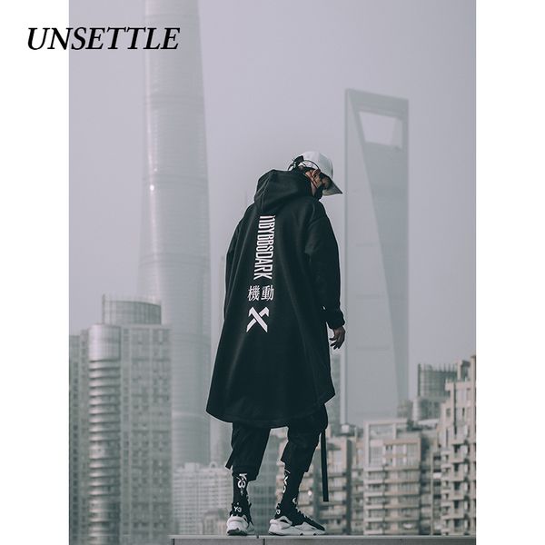 

unsettle mens oversize hoodies style functional long fleece cloak hip hop outwear streetwear coat harajuku male, Black
