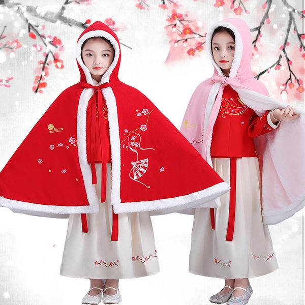 

girl's hanfu cloak coat winter woolen plus velvet ancient chinese costume folk dance performance clothes kids children dn4925, Black;red