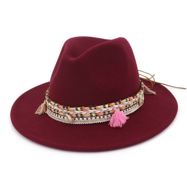 Cappelli Fedora in feltro di lana con tesa alla moda con nastro intrecciato etnico Cappellino jazz alla moda Cappello formale trilby in stile panama retrò