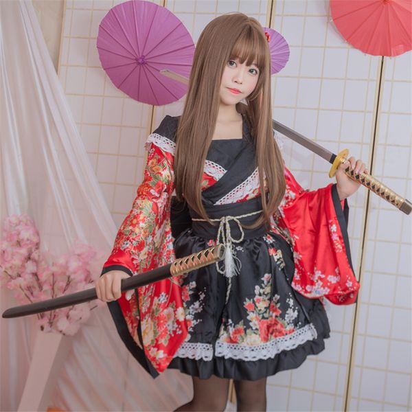

girls lovelive kimono dress japanese kawaii anime cosplay costumes floral fancy oriental yukata woman lace lolita party clothing, Red