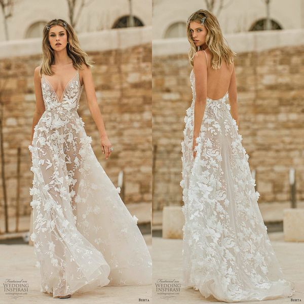 

berta 2020 boho wedding dresses lace 3d floral appliqued v neck backless beach bridal gowns custom made a line bohemian wedding dress, White