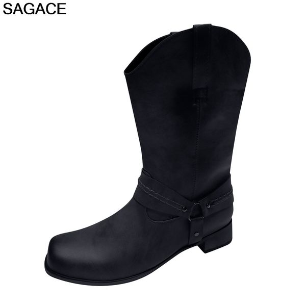 

men boots leather non-slip slip-on round toe buckle low-heeled shoes cowboy boots outdoor desert fashion zapatos de hombre, Black