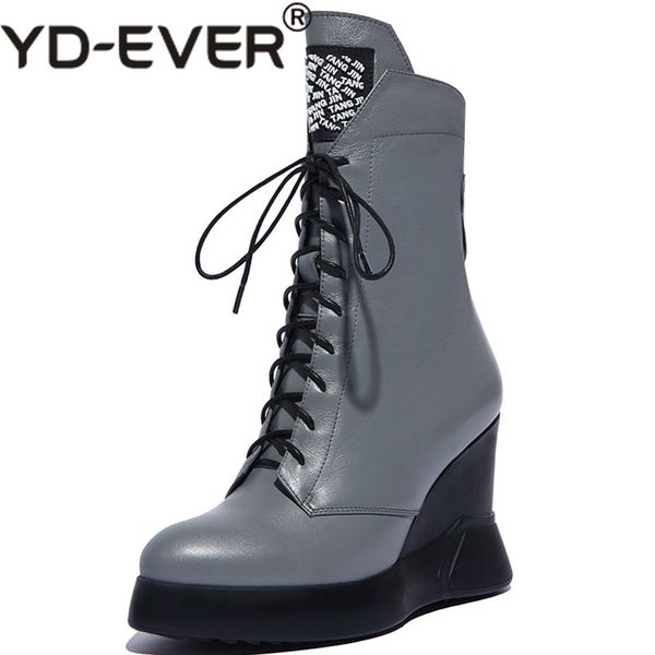 

yd-ever brand mid-calf boots for women rhinestone party wedding shoes woman wedges high heels lace up autumn winter shoes, Black