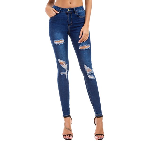 

queen size pocket button ripped jeans pencil, Blue