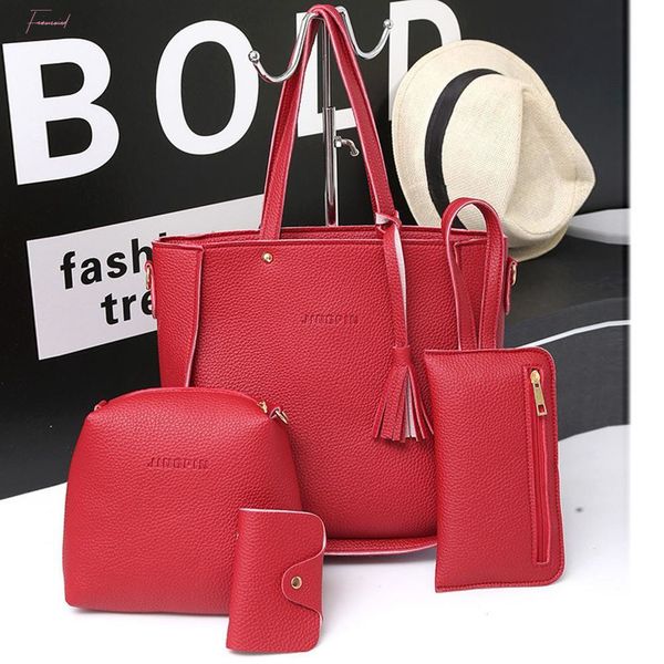 

4pcs women faux leather tassel zipper handbag shoulder bag clutches card holder