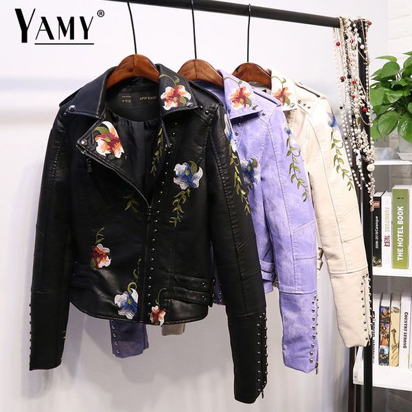 

цветочные вышитые черный pu кожаная куртка женщины молния заклепки мото искусственная кожаная куртка байкер женщина плюс размер осень 2019, Black