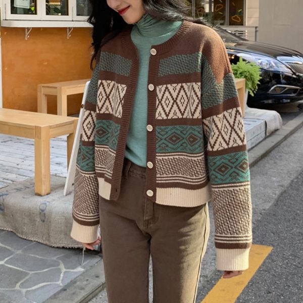 

spring panelled knitted cardigan women vintage pattern long sleeve short cardigan harajuku style student coat, White