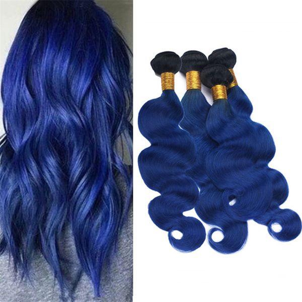 Dark Roots Blue Ombre Virgin Brazilian Human Hair Weave Body Wave