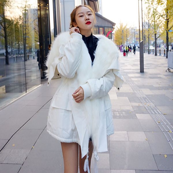 

women fur lined coat thicken warm outwear big fur lapel hood winter loose womens coats v015, Black