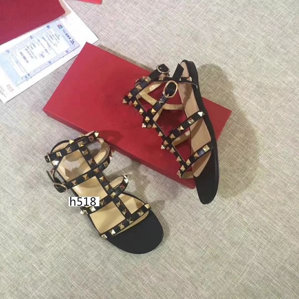 

high-quality color rivets spiked gladiator flat women sandals stones studded flip sandalsize 38, Black