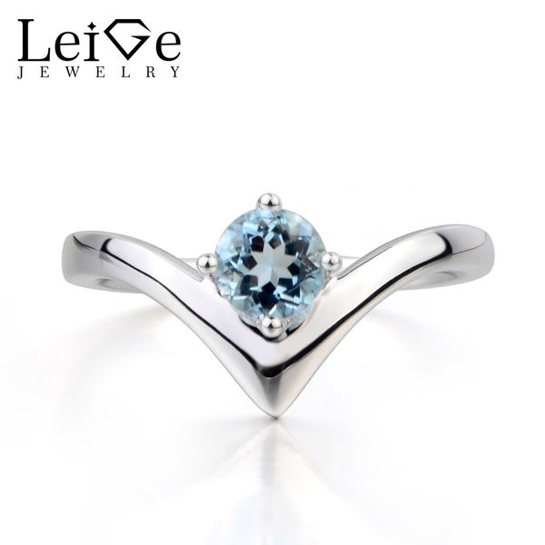

leige jewelry engagement ring natural aquamarine ring round cut blue gems march birthstone 925 sterling silver for women, Golden;silver