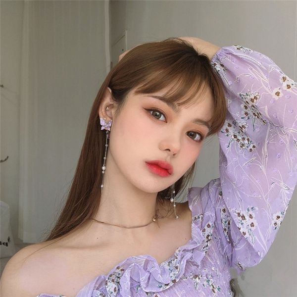

fflacell 2020 new korean version needle crystal purple / dazzling white butterfly earrings flash zircon long earrings, Golden;silver