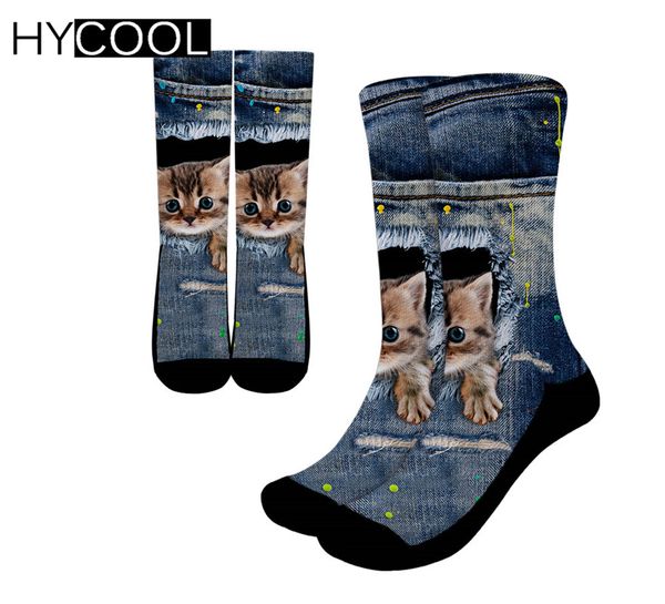 

hycool ladies socks casual cute 3d cat print high knee socks cotton winter comfort women's sock for ladies teen girls, Black