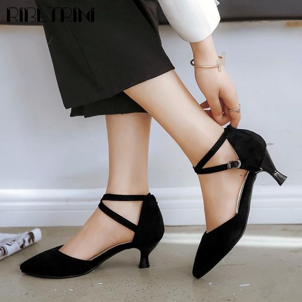 

ribetrini elegant lady summer pointed toe party wedding bridal low heel shoes woman spring pumps women buckle strap pumps, Black