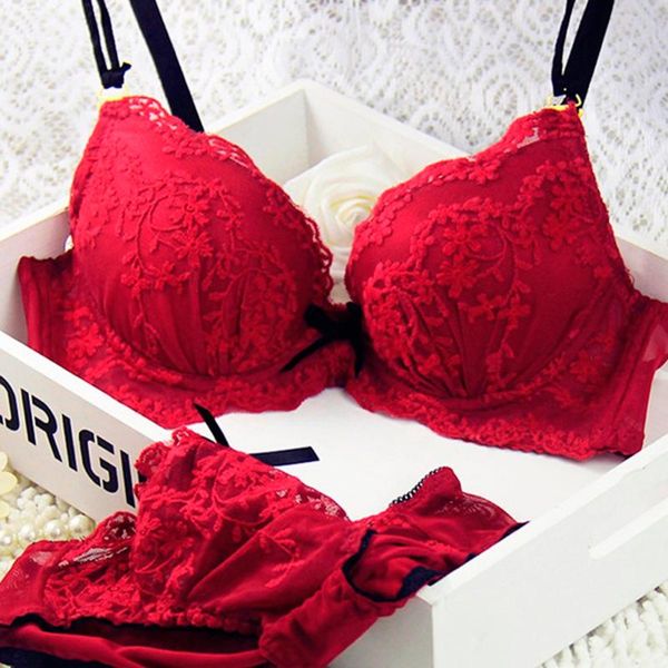 

women lace bra sets three-breasted bra underwear outfits cup a b c, Red;black