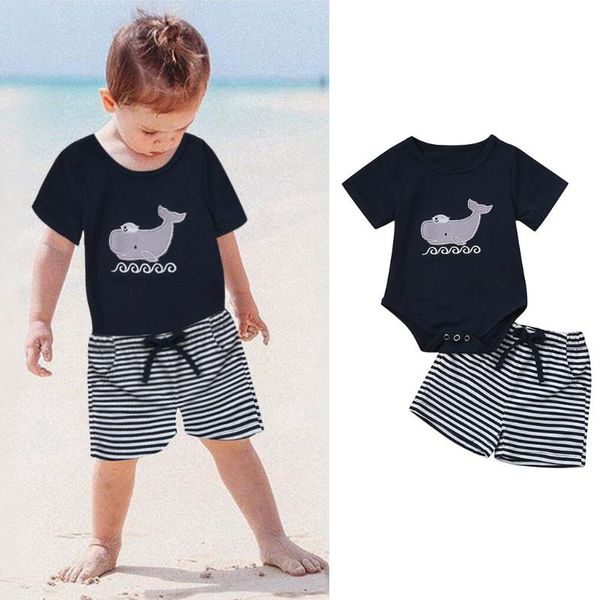 

newborn kids baby boys clothes short sleeve cartoon print romper+stripe shorts outfits set infant cotton blend clothing, White