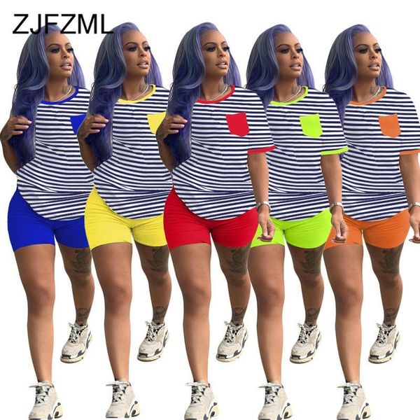 

casual 2 piece outfit summer clothes for women striped spliced short sleeve t shirt biker shorts lounge wear two piece set, White