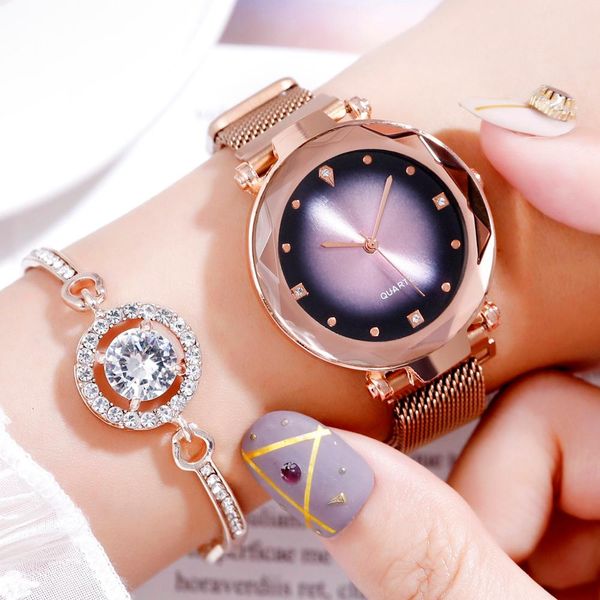 

luxury rose gold women watches fashion diamond ladies starry sky magnet watch waterproof female wristwatch for clock 2019, Slivery;brown