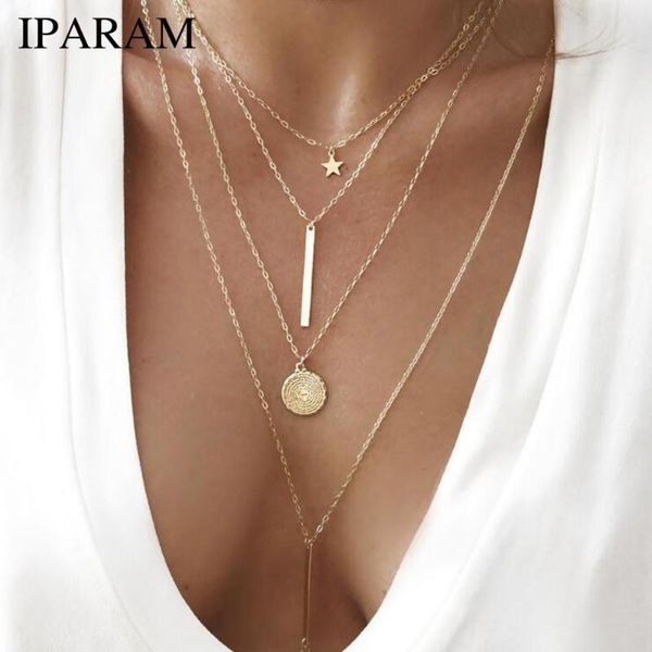 

iparam 2019 vintage bohemian multilayer round star necklace ladies layered gold long rod pendant fashion collar costume jewelry, Silver