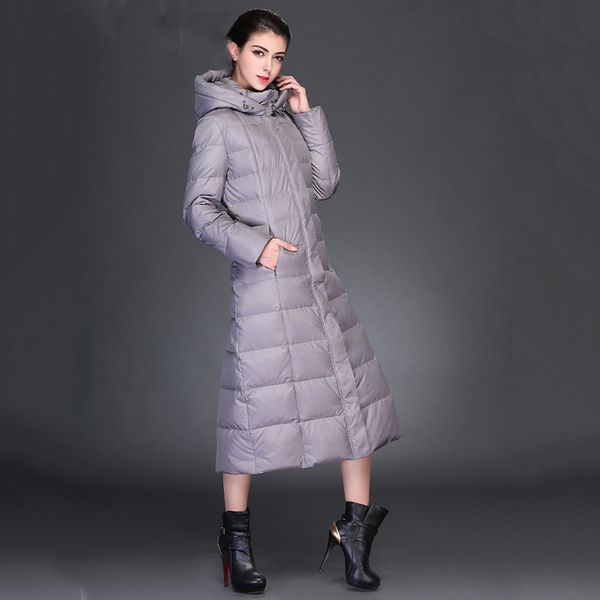 

90% white duck down long down coat women 2019 new slim coat winter hooded warm jacket female outerwear an103, Black